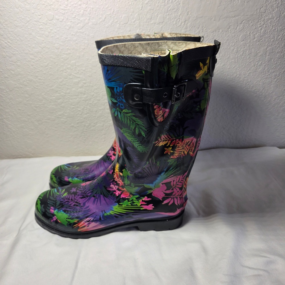 Chooka Womens Tropical Floral Tall Rain Boots Black Multi Color Size 11